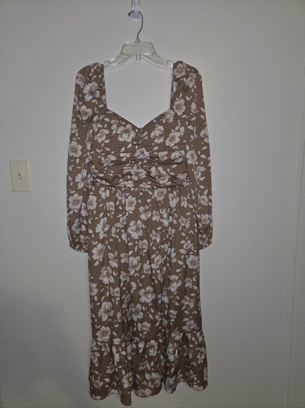 Womens FP Land Of The Free Taupe Floral Midi Dress with Sweetheart Neck Size L